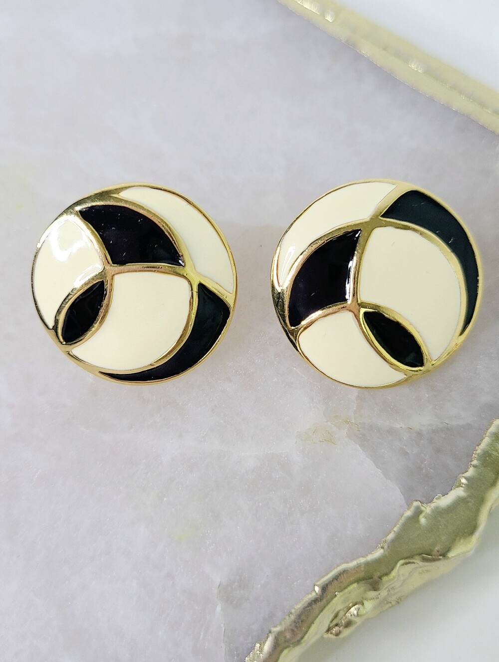Monet Cream Black Gold Swirl Enamel Signed Vintage Clip-On Earrings